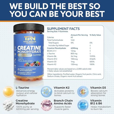 Creatine Monohydrate Gummies, 6200mg Creatine plus Taurine, BCAA, D3, K2 and B Vitamins, Best Creatine for Women and Men, Pre Workout Gummies, Increase Strength, Build Muscle, Vegan -120 pieces, Berry in Saudi Arabia