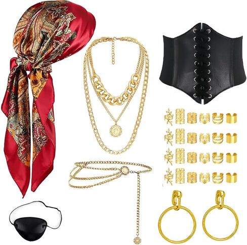 31pcs Pirate Costume Accessories Set for Women Captain Pirate Head Scarf Necklace Belt Accessories Cosplay Party in Saudi Arabia