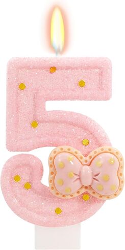 Pink Bow Birthday Candles - Cute Glitter Number 5 Candle for Sweet Theme Cake Topper, 5th Birthday Decorations Girl (Pink) in Kuwait