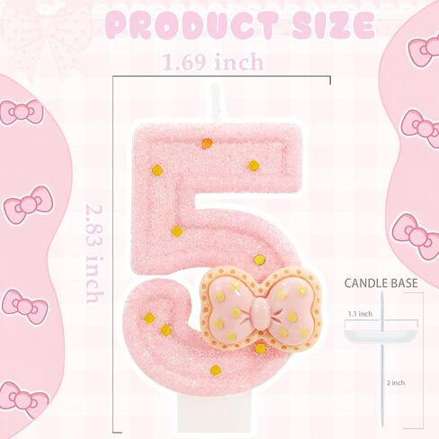 Pink Bow Birthday Candles - Cute Glitter Number 5 Candle for Sweet Theme Cake Topper, 5th Birthday Decorations Girl (Pink) in Kuwait