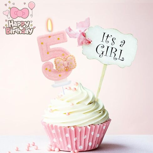 Pink Bow Birthday Candles - Cute Glitter Number 5 Candle for Sweet Theme Cake Topper, 5th Birthday Decorations Girl (Pink) in Kuwait