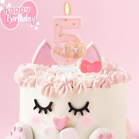 Pink Bow Birthday Candles - Cute Glitter Number 5 Candle for Sweet Theme Cake Topper, 5th Birthday Decorations Girl (Pink) in Kuwait