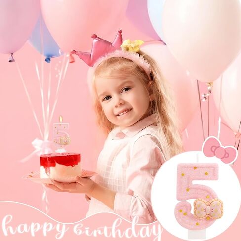 Pink Bow Birthday Candles - Cute Glitter Number 5 Candle for Sweet Theme Cake Topper, 5th Birthday Decorations Girl (Pink) in Kuwait