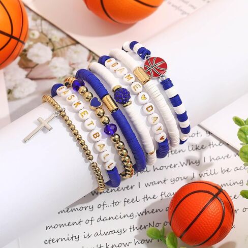 Landical 8 pcs Basketball Game Day Bracelets Heishi Clay Beaded Stretch Bracelets Basketball Mom Accessories Jewelry Gifts in Saudi Arabia