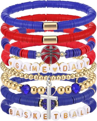 Landical 8 pcs Basketball Game Day Bracelets Heishi Clay Beaded Stretch Bracelets Basketball Mom Accessories Jewelry Gifts in Saudi Arabia