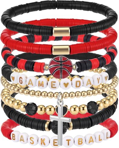Landical 8 pcs Basketball Game Day Bracelets Heishi Clay Beaded Stretch Bracelets Basketball Mom Accessories Jewelry Gifts in Saudi Arabia
