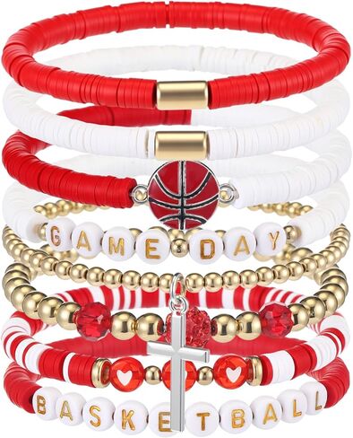 Landical 8 pcs Basketball Game Day Bracelets Heishi Clay Beaded Stretch Bracelets Basketball Mom Accessories Jewelry Gifts in Saudi Arabia