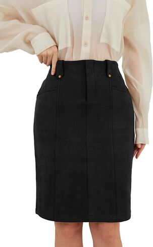 تنورة نسائية من جلد الغزال الصناعي بطول الركبة بخصر عالٍ تنانير عصرية بسحاب للخريف والشتاء للنساء مع جيوب in Kuwait