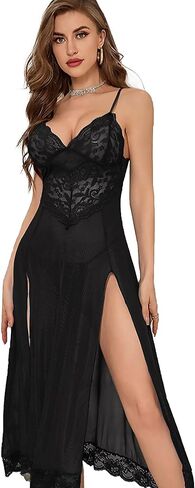 Cheetah Print Lace Chemise Nightgown V Neck Satin Sleep Dress with Thigh High Slit Womens Sexy Lingerie in Saudi Arabia