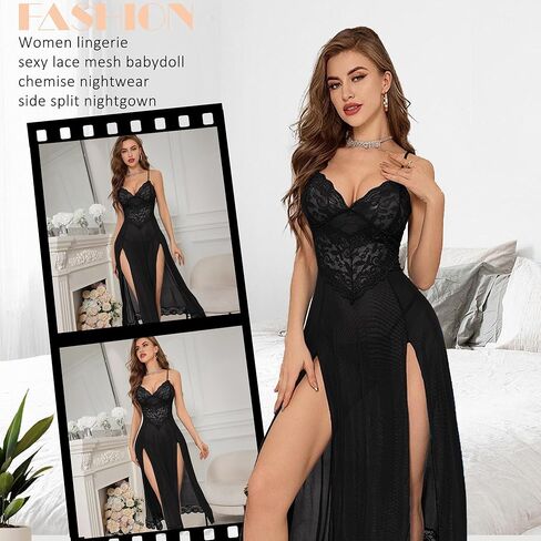 Cheetah Print Lace Chemise Nightgown V Neck Satin Sleep Dress with Thigh High Slit Womens Sexy Lingerie in Saudi Arabia