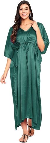 جيبسي بلو حريمي مقاس كبير من الساتان والحرير زجاجة قفطان أخضر فستان طويل غير رسمي مريح كيمونو قفطان فستان النوم ثوب النوم in Kuwait