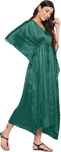جيبسي بلو حريمي مقاس كبير من الساتان والحرير زجاجة قفطان أخضر فستان طويل غير رسمي مريح كيمونو قفطان فستان النوم ثوب النوم in Kuwait