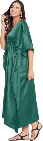 جيبسي بلو حريمي مقاس كبير من الساتان والحرير زجاجة قفطان أخضر فستان طويل غير رسمي مريح كيمونو قفطان فستان النوم ثوب النوم in Kuwait