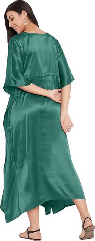 جيبسي بلو حريمي مقاس كبير من الساتان والحرير زجاجة قفطان أخضر فستان طويل غير رسمي مريح كيمونو قفطان فستان النوم ثوب النوم in Kuwait