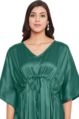 جيبسي بلو حريمي مقاس كبير من الساتان والحرير زجاجة قفطان أخضر فستان طويل غير رسمي مريح كيمونو قفطان فستان النوم ثوب النوم in Kuwait