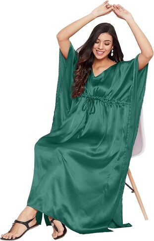 جيبسي بلو حريمي مقاس كبير من الساتان والحرير زجاجة قفطان أخضر فستان طويل غير رسمي مريح كيمونو قفطان فستان النوم ثوب النوم in Kuwait