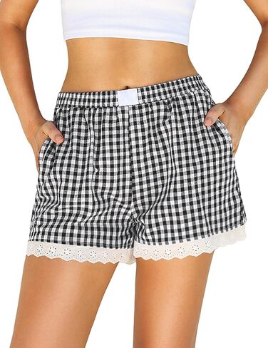 Marvmys Womens Boxer Shorts Cotton Pajama Bottoms Summer Gingham Ruffle/Lace Shorts Casual Y2K Beach Shorts S-2XL in Saudi Arabia