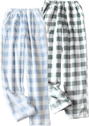 Yimoon 2 Pack Women's Plaid Fluffy Pajama Pants Soft Warm Fuzzy Fleece Lounge Pants Comfy Pj Bottoms with Pockets in Saudi Arabia