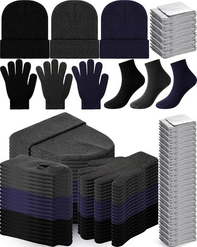 120 Pcs Homeless Care Package Supplies Bulk Winter Beanie Hat Glove Sock Set with Emergency Blanket for Survival in Saudi Arabia