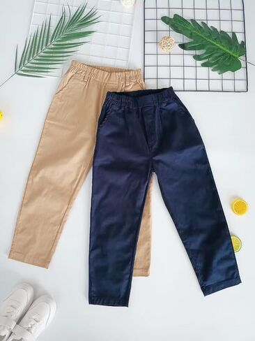 Boys Chino Pants 2-Pack–Soft Stretch Cotton Trousers with Elastic Waist & Drawstring Casual School for Kids 5-9 Years in Saudi Arabia