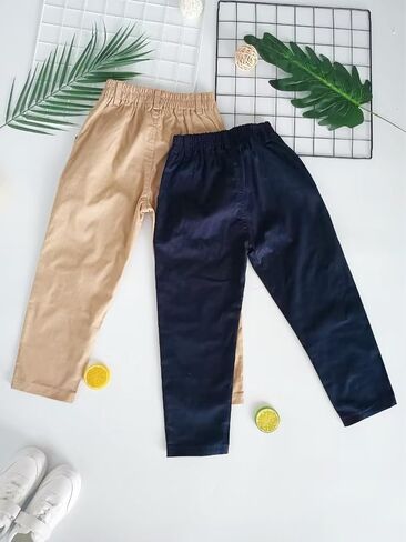 Boys Chino Pants 2-Pack–Soft Stretch Cotton Trousers with Elastic Waist & Drawstring Casual School for Kids 5-9 Years in Saudi Arabia