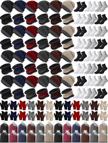 Kids Winter Hat Glove Scarf Sock Sets Bulk Boys Girls Warm Knitted Fleece Beanies with Organza Bags Winter Gifts in Saudi Arabia