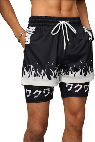 Men's 2 in 1 Basketball Shorts Tropical Graphic Drawstring Waist Workout Athletic Gym Shorts with Liner in Kuwait