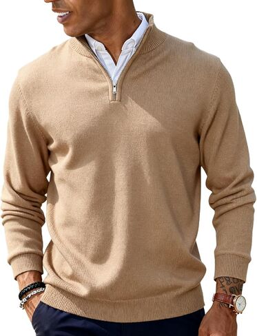 Men's Casual Pullover Sweaters Long Sleeve Knit Quarter Zip Mock Neck Slim Fit Lightweight Polo Sweater in Saudi Arabia