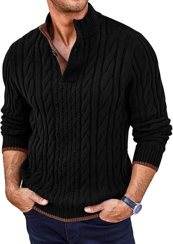 Yousify Mens Stand Collar Pullover Sweater Casual Cable Knitted Quarter Button Sweaters Winter Chunky Thermal Polo Sweaters in Saudi Arabia