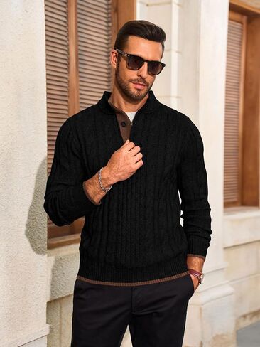 Yousify Mens Stand Collar Pullover Sweater Casual Cable Knitted Quarter Button Sweaters Winter Chunky Thermal Polo Sweaters in Saudi Arabia