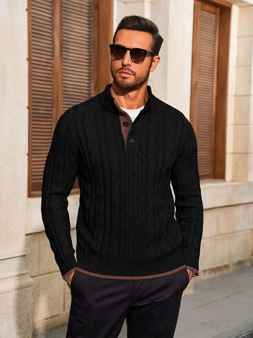 Yousify Mens Stand Collar Pullover Sweater Casual Cable Knitted Quarter Button Sweaters Winter Chunky Thermal Polo Sweaters in Saudi Arabia