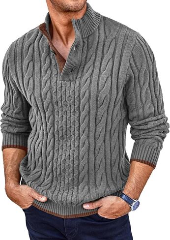 Yousify Mens Stand Collar Pullover Sweater Casual Cable Knitted Quarter Button Sweaters Winter Chunky Thermal Polo Sweaters in Saudi Arabia