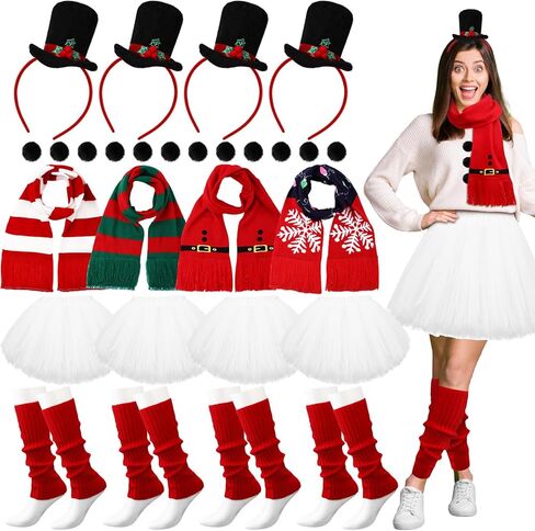 Newcotte 28 Pcs Christmas Snowman Costume Outfit Accessories for Women Snowman Hat Headbands Scarf Tutu Skirt Leg Warmer Pom Pom Ball in Saudi Arabia