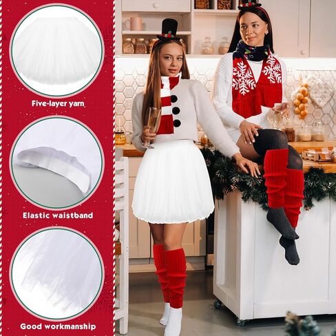 Newcotte 28 Pcs Christmas Snowman Costume Outfit Accessories for Women Snowman Hat Headbands Scarf Tutu Skirt Leg Warmer Pom Pom Ball in Saudi Arabia