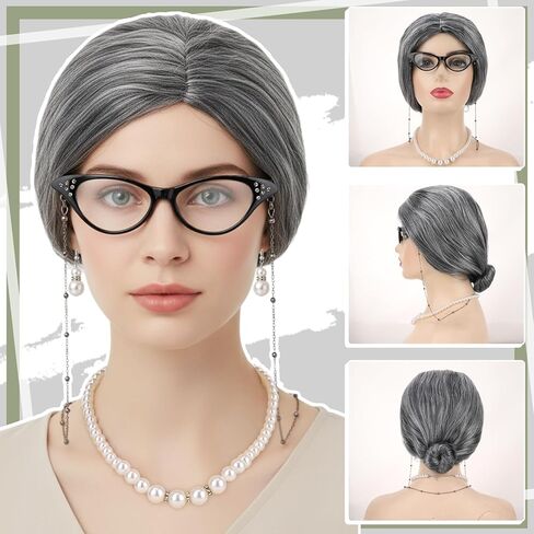 Old Lady Costume Set Grandma Accessories Old Lady Wig Wig Caps Faux Pearl Jewelry Handbag for Women Halloween Party in Saudi Arabia