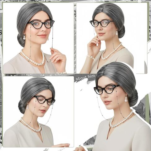 Old Lady Costume Set Grandma Accessories Old Lady Wig Wig Caps Faux Pearl Jewelry Handbag for Women Halloween Party in Saudi Arabia