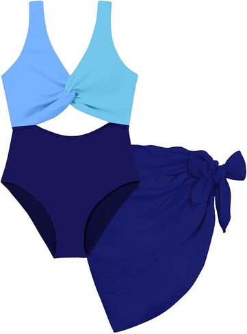 Funnycokid Girls One Piece Swimsuits Color Block Teen Bathing Suit with Pad Cover Up Skirt(7-16Y) in Saudi Arabia