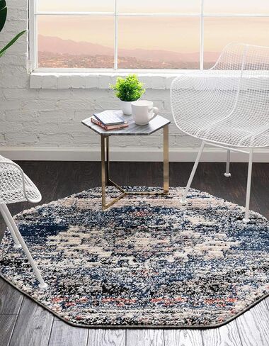 Rugs.com سجادة مجموعة Tucson - سجادة منخفضة زرقاء مثمنة بطول 4 أقدام مثالية لغرف المعيشة والمطابخ والمداخل in Kuwait