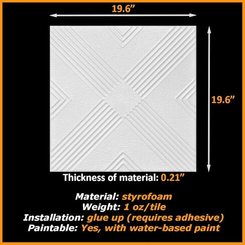 20x20 Glue-Up Foam Decor Ceiling Tile, Plain White (R34 Malta, Pack of 48 (~126 sq.ft./Pack)) in Saudi Arabia