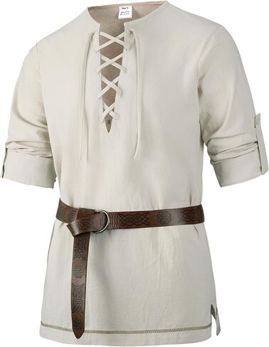 Mens Long Sleeve Cotton Lace up Shirts for Renaissance Pirate Viking Medieval Cosplay Costume Without Belt in Saudi Arabia