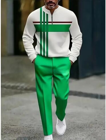 Men's 3D printed sportswear jogging pants set long sleeved half zipper round neck sweatshirt long pants two-piece set in Saudi Arabia