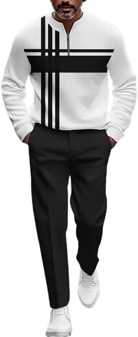 طقم سراويل رياضية مطبوعة ثلاثية الأبعاد للرجال بأكمام طويلة وسحاب نصف سحاب ورقبة دائرية طقم سراويل طويلة مكون من قطعتين in Kuwait