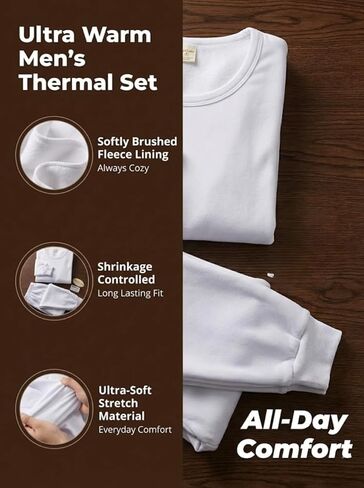 Men’s Thermal Underwear Set, 2-Piece Fleece Lined Base Layer Top & Bottom, Lightweight Stretch Microfiber in Saudi Arabia