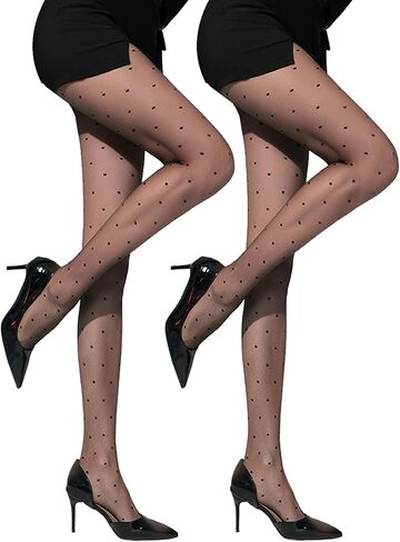 2 Pairs Black Patterned Tights for Women, Sheer Nylon Stockings with Back Seam, Polka Dots, Hearts, S-XL in Saudi Arabia