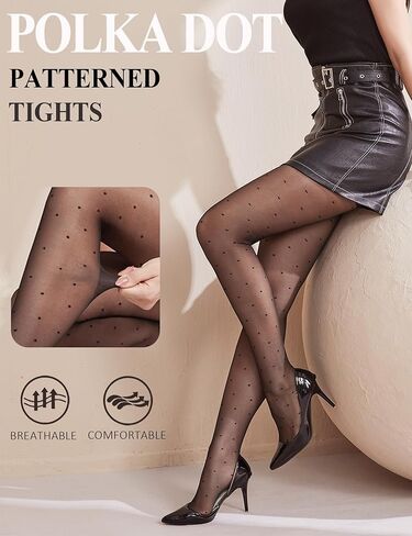 2 Pairs Black Patterned Tights for Women, Sheer Nylon Stockings with Back Seam, Polka Dots, Hearts, S-XL in Saudi Arabia