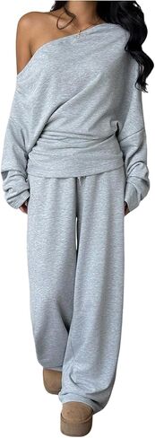 Verdusa Women's 2 Piece Outfits Off The Shoulder Sweatshirt with Wide Leg Sweatpants Airport Outfits in Saudi Arabia