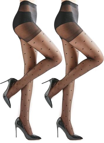 2 Pairs Black Patterned Tights for Women, Sheer Nylon Stockings with Back Seam, Polka Dots, Hearts, S-XL in Saudi Arabia
