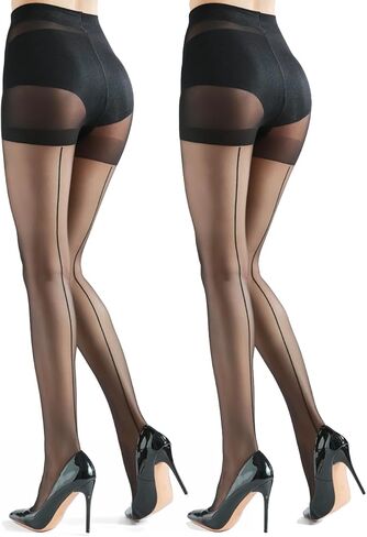 2 Pairs Black Patterned Tights for Women, Sheer Nylon Stockings with Back Seam, Polka Dots, Hearts, S-XL in Saudi Arabia