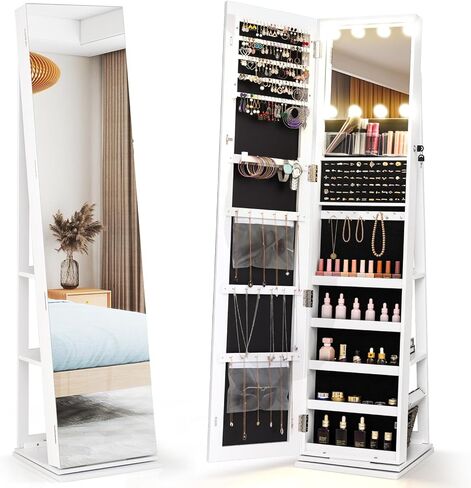 LOKO Rotating Jewelry Cabinet, Lockable Jewelry Armoire with Full-length & LED-lit Interior Mirror, 3 Light Colors, Rear Shelves, Freestanding Swivel Jewelry Organizer for Bedroom (White) in Saudi Arabia