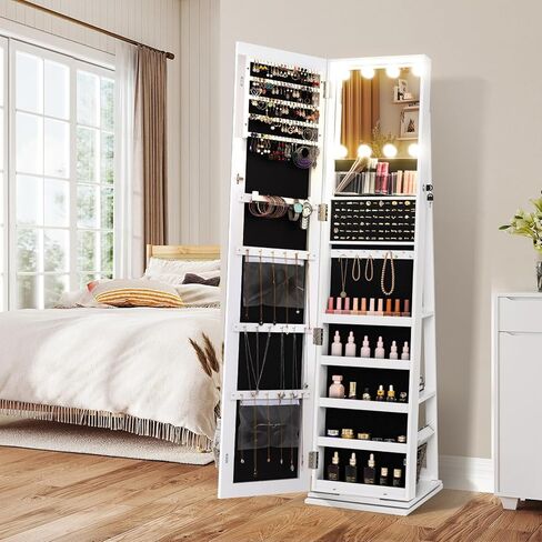 LOKO Rotating Jewelry Cabinet, Lockable Jewelry Armoire with Full-length & LED-lit Interior Mirror, 3 Light Colors, Rear Shelves, Freestanding Swivel Jewelry Organizer for Bedroom (White) in Saudi Arabia